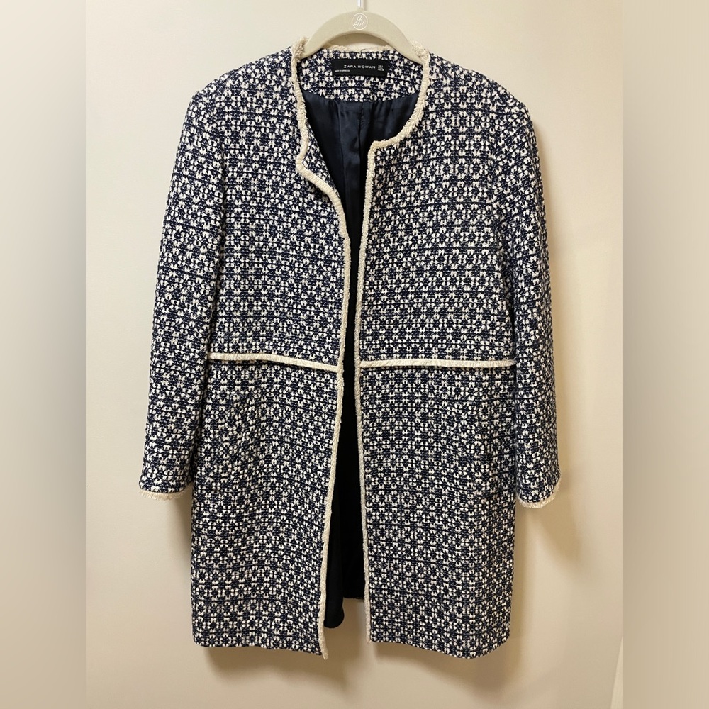 Zara Basic Blue and Cream Tweed Coat, Size Large